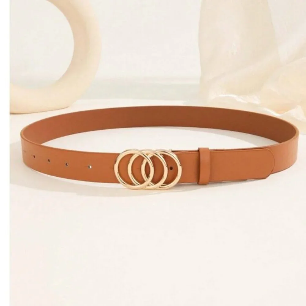 Vegan Leather 3-Ring Buckle Gold Color Belt Brown
